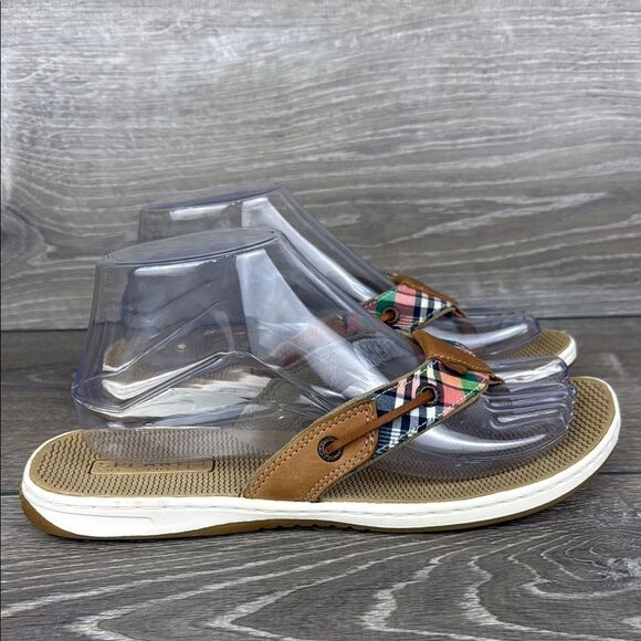 Sperry Top Sider Sea Fish Tan Leather Plaid Women’s Sz 8M Thong Flip Flop Sandal - Picture 1 of 10